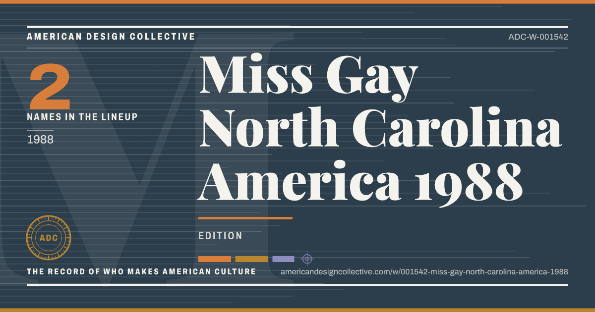 Registry card for Miss Gay North Carolina America 1988: the ADC seal, Miss Gay North Carolina America 1988, and how much is on record.
