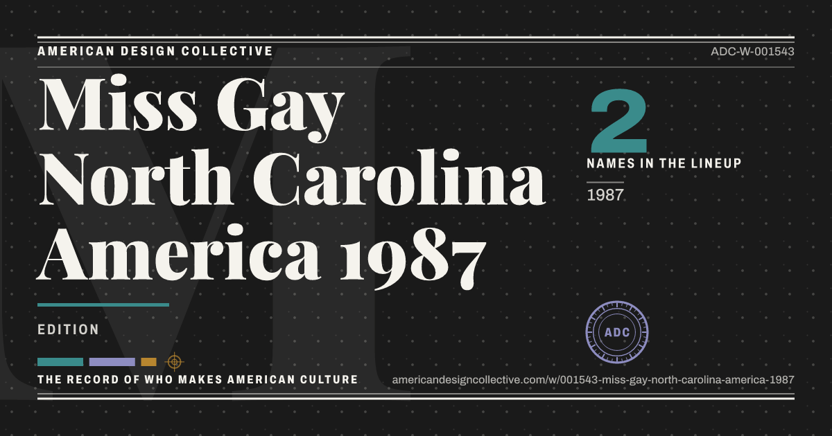 Registry card for Miss Gay North Carolina America 1987: the ADC seal, Miss Gay North Carolina America 1987, and how much is on record.