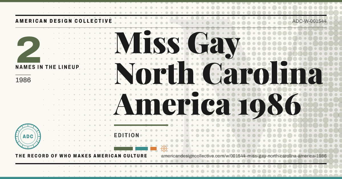 Registry card for Miss Gay North Carolina America 1986: the ADC seal, Miss Gay North Carolina America 1986, and how much is on record.