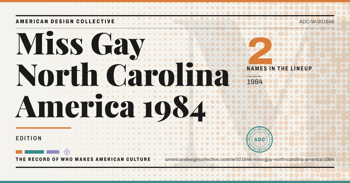 Registry card for Miss Gay North Carolina America 1984: the ADC seal, Miss Gay North Carolina America 1984, and how much is on record.
