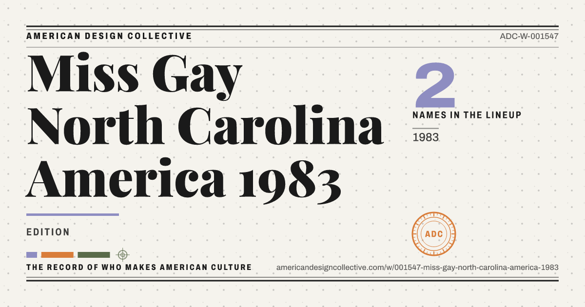 Registry card for Miss Gay North Carolina America 1983: the ADC seal, Miss Gay North Carolina America 1983, and how much is on record.