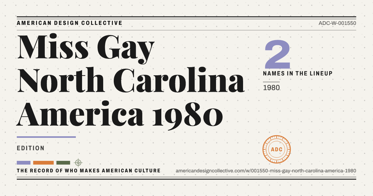 Registry card for Miss Gay North Carolina America 1980: the ADC seal, Miss Gay North Carolina America 1980, and how much is on record.