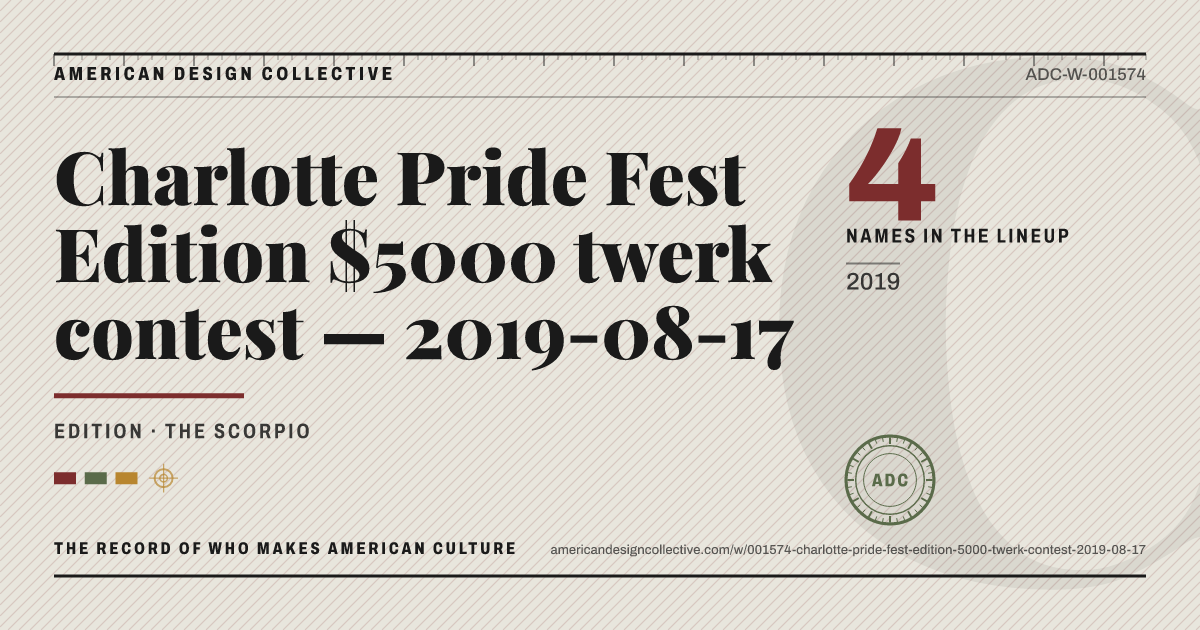 Registry card for Charlotte Pride Fest Edition $5000 twerk contest — 2019-08-17: the ADC seal, Charlotte Pride Fest Edition $5000 twerk contest — 2019-08-17, and how much is on record.