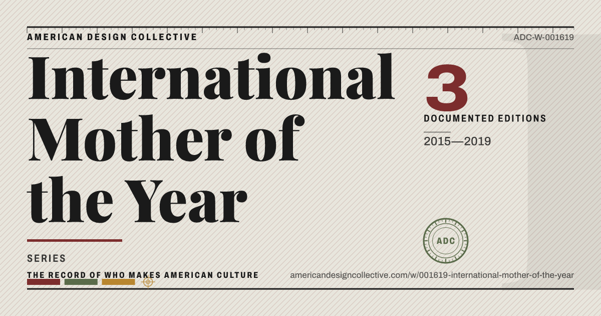 Registry card for International Mother of the Year: the ADC seal, International Mother of the Year, and how much is on record.
