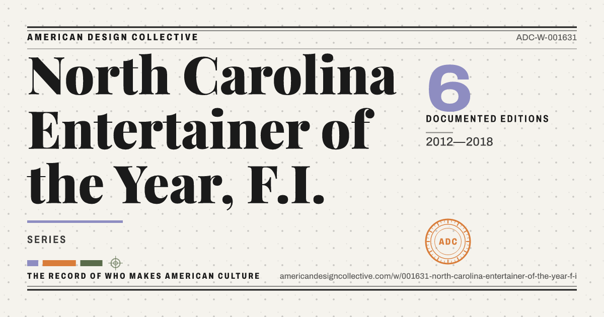 Registry card for North Carolina Entertainer of the Year, F.I.: the ADC seal, North Carolina Entertainer of the Year, F.I., and how much is on record.