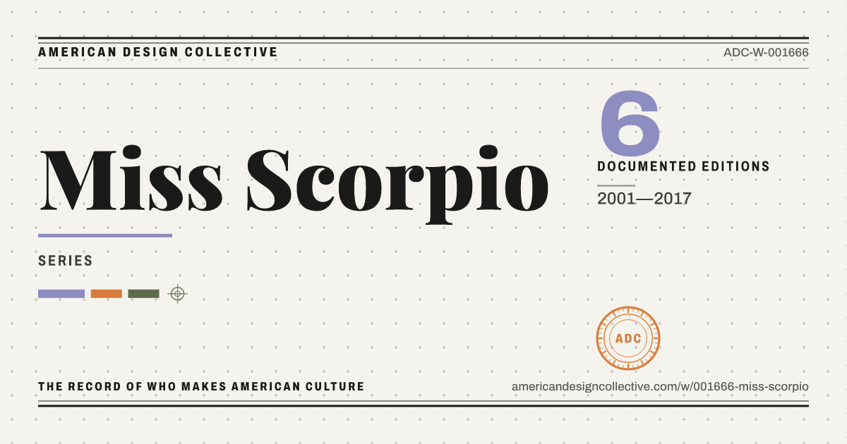 Registry card for Miss Scorpio: the ADC seal, Miss Scorpio, and how much is on record.