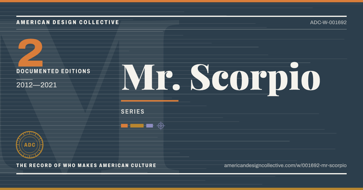 Registry card for Mr. Scorpio: the ADC seal, Mr. Scorpio, and how much is on record.