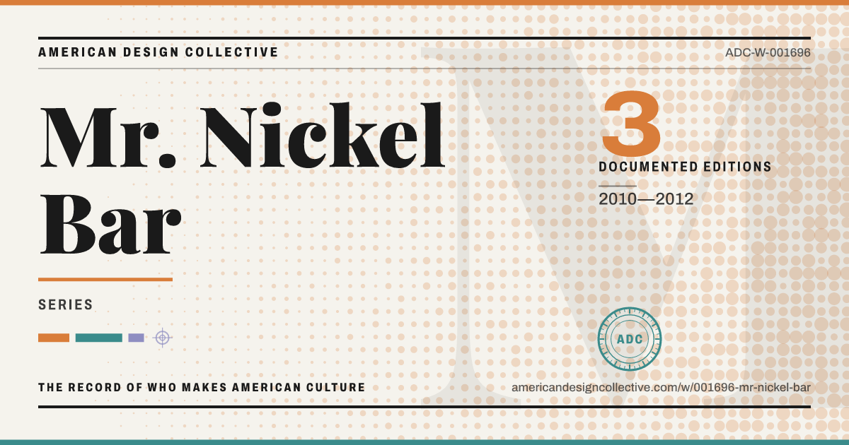 Registry card for Mr. Nickel Bar: the ADC seal, Mr. Nickel Bar, and how much is on record.