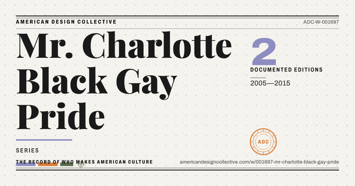 Registry card for Mr. Charlotte Black Gay Pride: the ADC seal, Mr. Charlotte Black Gay Pride, and how much is on record.