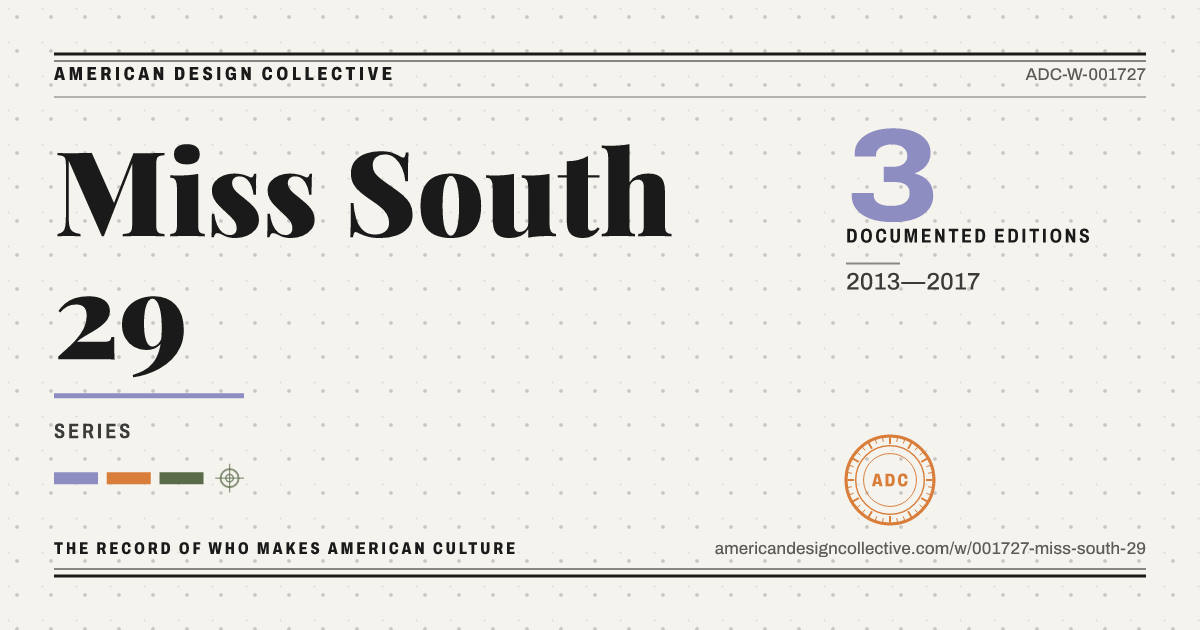 Registry card for Miss South 29: the ADC seal, Miss South 29, and how much is on record.