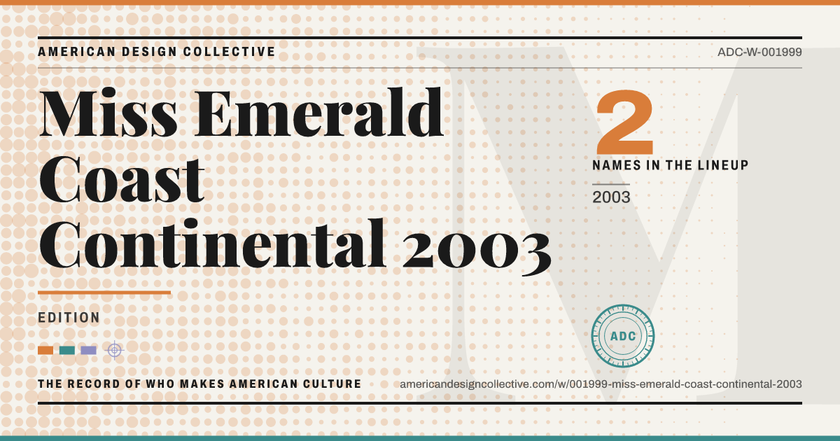 Registry card for Miss Emerald Coast Continental 2003: the ADC seal, Miss Emerald Coast Continental 2003, and how much is on record.