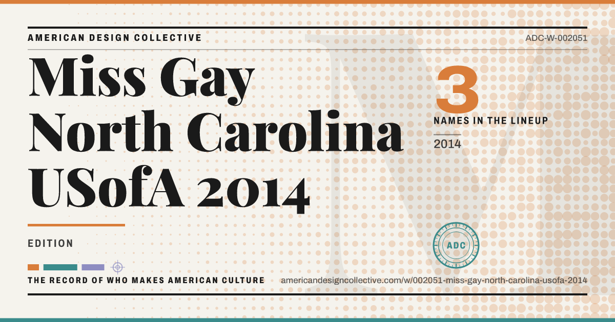 Registry card for Miss Gay North Carolina USofA 2014: the ADC seal, Miss Gay North Carolina USofA 2014, and how much is on record.
