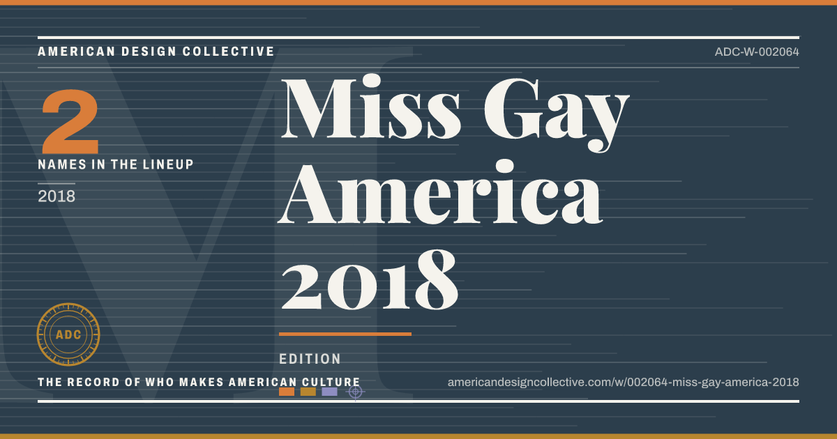 Registry card for Miss Gay America 2018: the ADC seal, Miss Gay America 2018, and how much is on record.