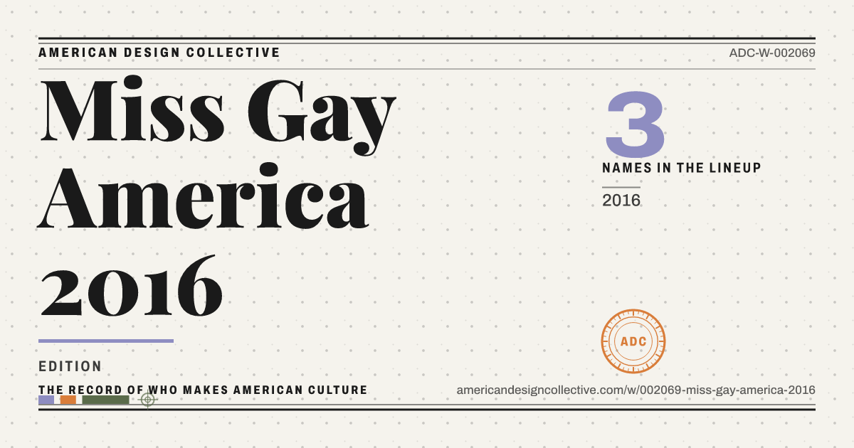 Registry card for Miss Gay America 2016: the ADC seal, Miss Gay America 2016, and how much is on record.