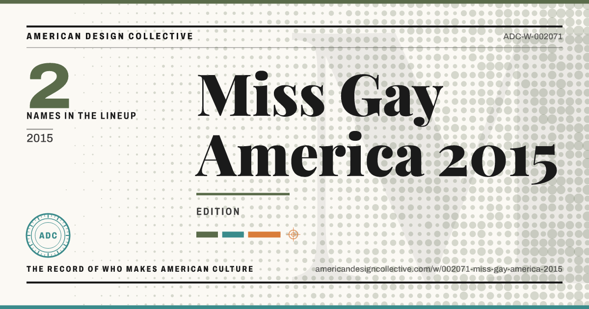 Registry card for Miss Gay America 2015: the ADC seal, Miss Gay America 2015, and how much is on record.