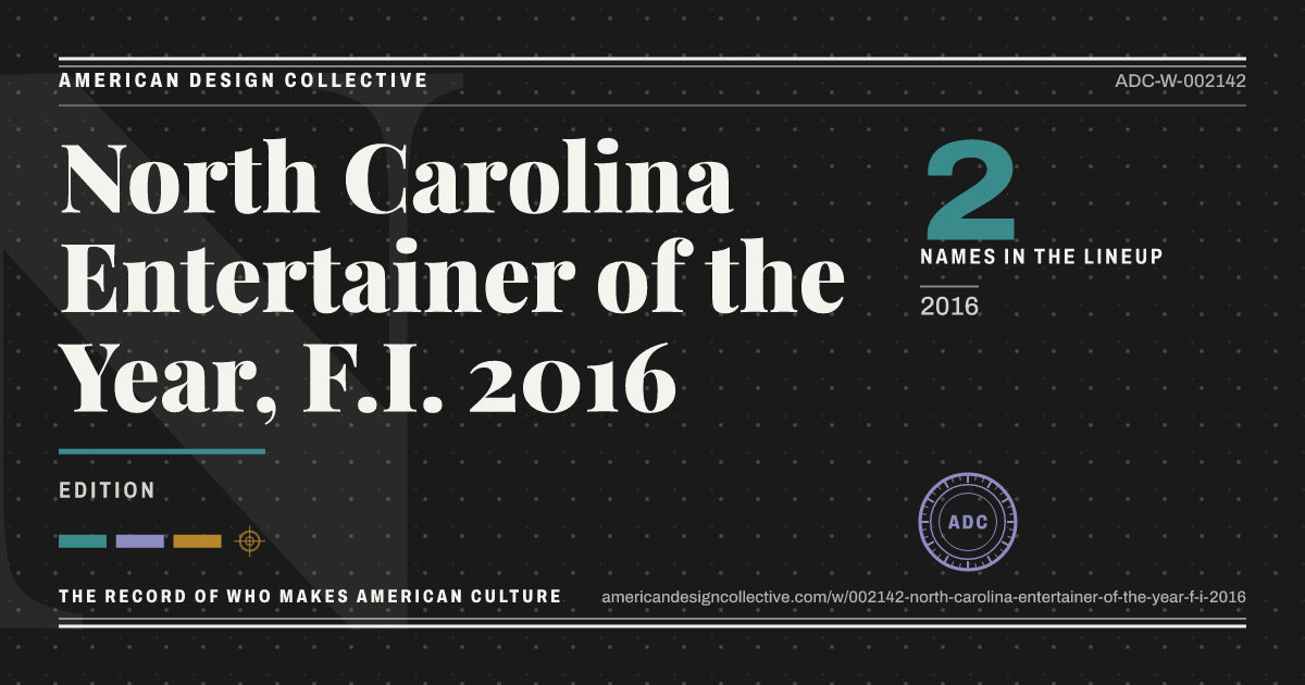 Registry card for North Carolina Entertainer of the Year, F.I. 2016: the ADC seal, North Carolina Entertainer of the Year, F.I. 2016, and how much is on record.