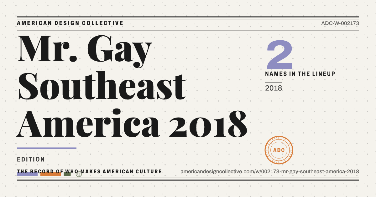 Registry card for Mr. Gay Southeast America 2018: the ADC seal, Mr. Gay Southeast America 2018, and how much is on record.