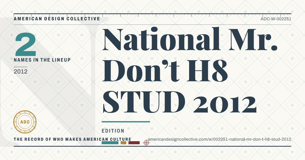 Registry card for National Mr. Don’t H8 STUD 2012: the ADC seal, National Mr. Don’t H8 STUD 2012, and how much is on record.