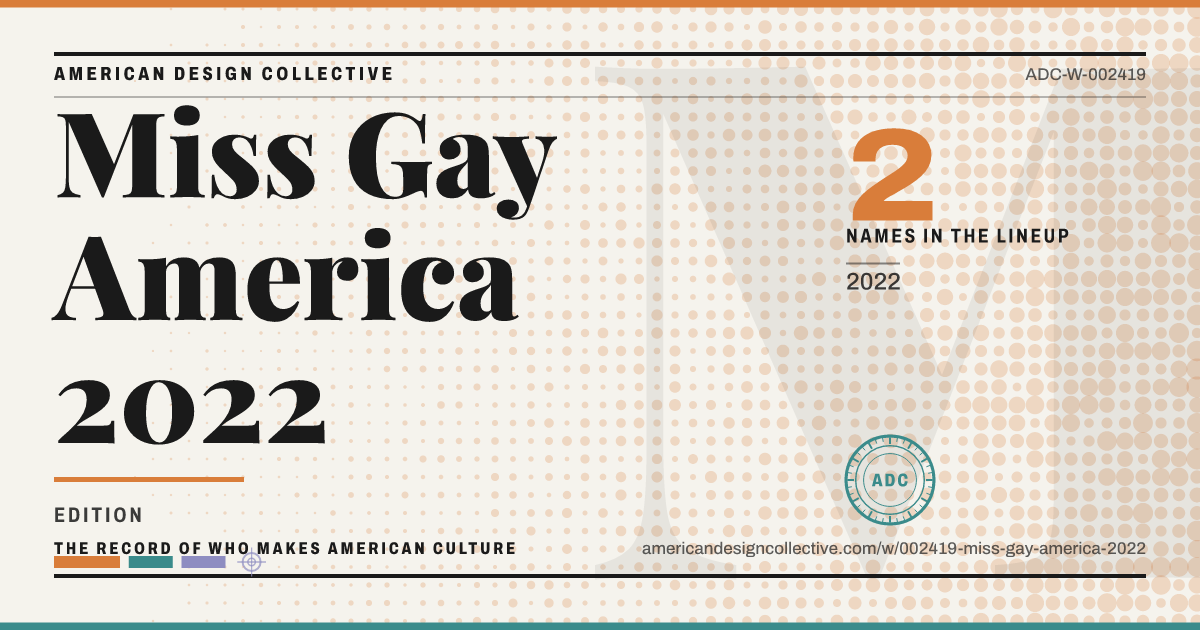 Registry card for Miss Gay America 2022: the ADC seal, Miss Gay America 2022, and how much is on record.