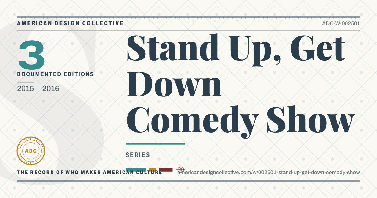 Registry card for Stand Up, Get Down Comedy Show: the ADC seal, Stand Up, Get Down Comedy Show, and how much is on record.