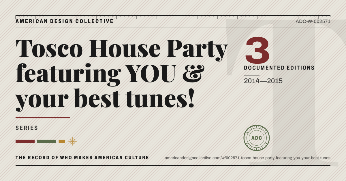 Registry card for Tosco House Party featuring YOU & your best tunes!: the ADC seal, Tosco House Party featuring YOU & your best tunes!, and how much is on record.