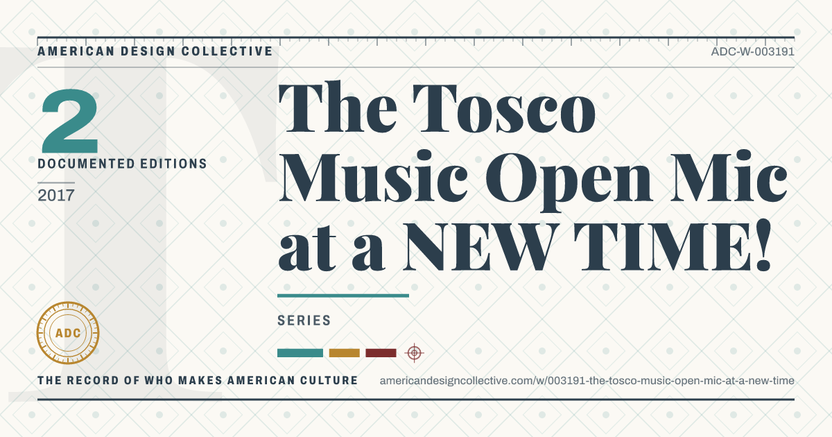 Registry card for The Tosco Music Open Mic at a NEW TIME!: the ADC seal, The Tosco Music Open Mic at a NEW TIME!, and how much is on record.