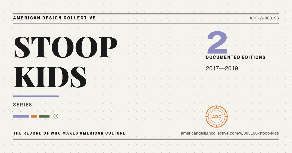 Registry card for STOOP KIDS: the ADC seal, STOOP KIDS, and how much is on record.
