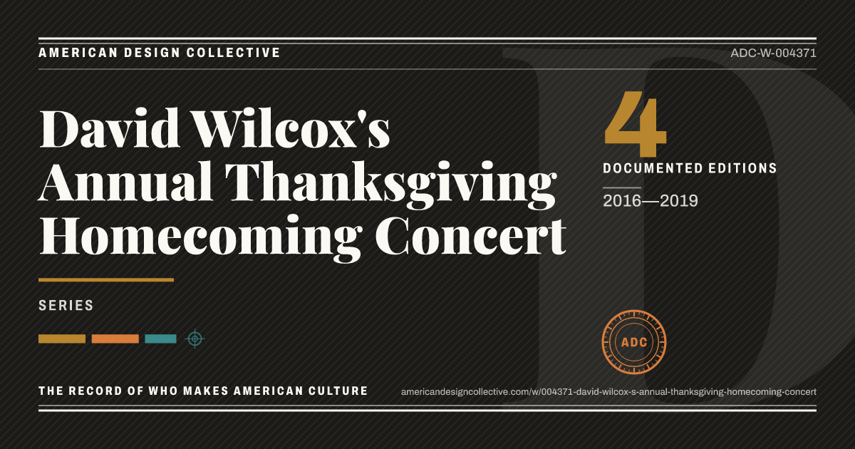 Registry card for David Wilcox's Annual Thanksgiving Homecoming Concert: the ADC seal, David Wilcox's Annual Thanksgiving Homecoming Concert, and how much is on record.