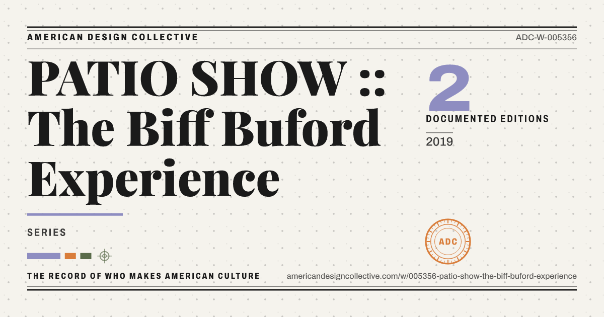 Registry card for PATIO SHOW :: The Biff Buford Experience: the ADC seal, PATIO SHOW :: The Biff Buford Experience, and how much is on record.