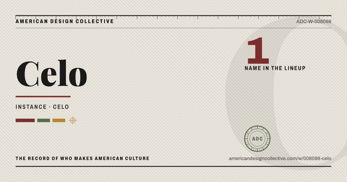 Registry card for Celo: the ADC seal, Celo, and how much is on record.