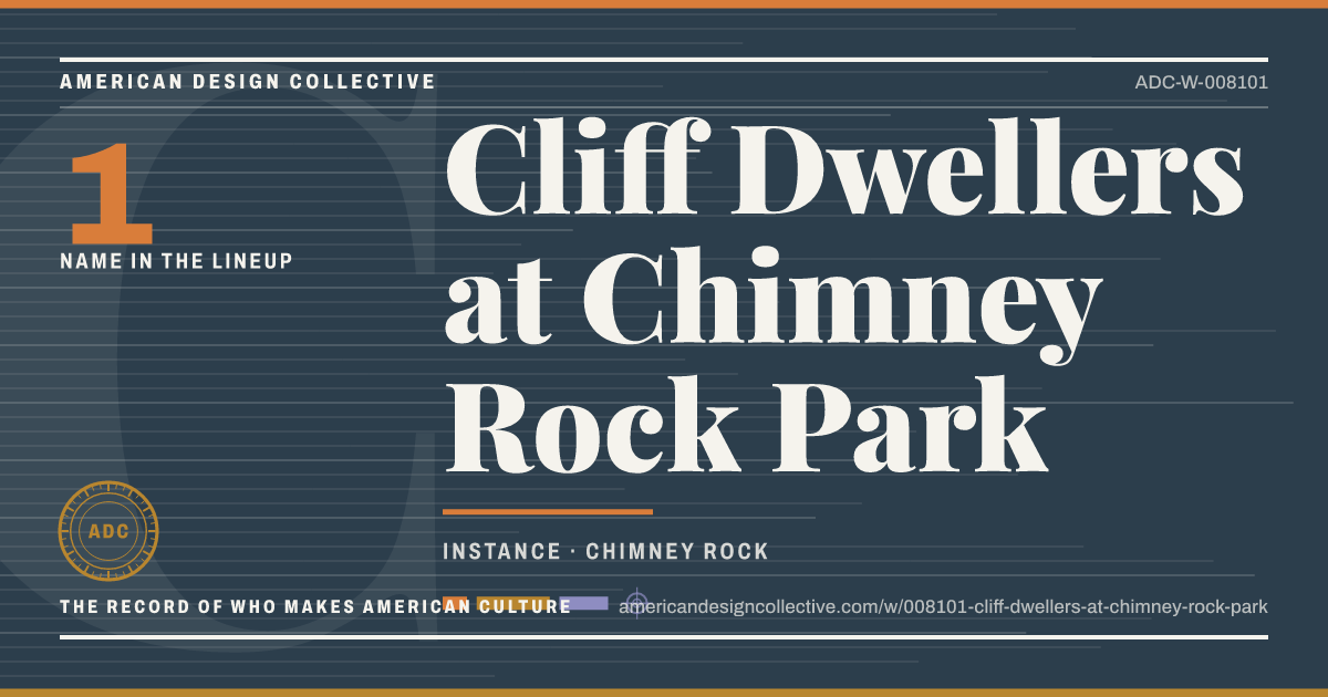 Registry card for Cliff Dwellers at Chimney Rock Park: the ADC seal, Cliff Dwellers at Chimney Rock Park, and how much is on record.
