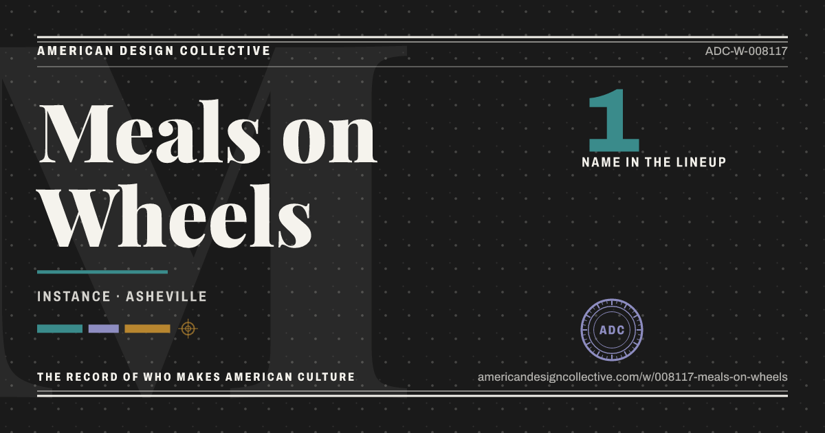 Registry card for Meals on Wheels: the ADC seal, Meals on Wheels, and how much is on record.