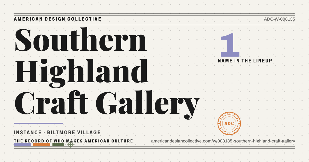 Registry card for Southern Highland Craft Gallery: the ADC seal, Southern Highland Craft Gallery, and how much is on record.