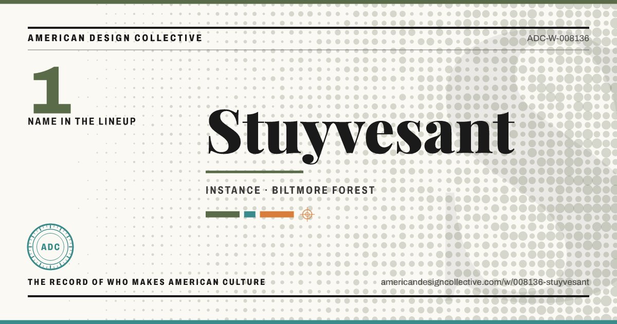 Registry card for Stuyvesant: the ADC seal, Stuyvesant, and how much is on record.
