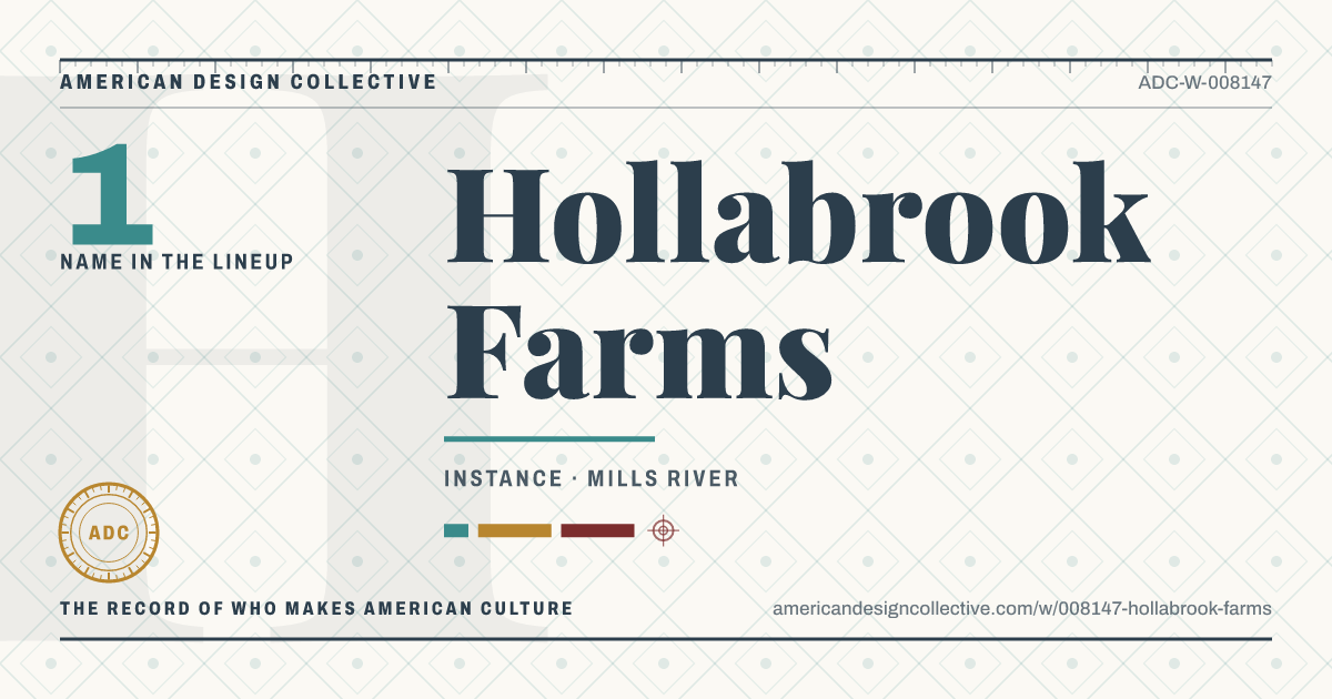 Registry card for Hollabrook Farms: the ADC seal, Hollabrook Farms, and how much is on record.