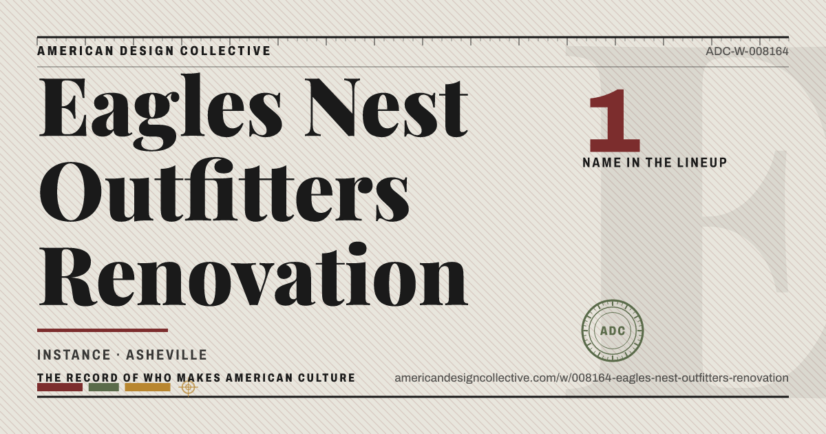 Registry card for Eagles Nest Outfitters Renovation: the ADC seal, Eagles Nest Outfitters Renovation, and how much is on record.