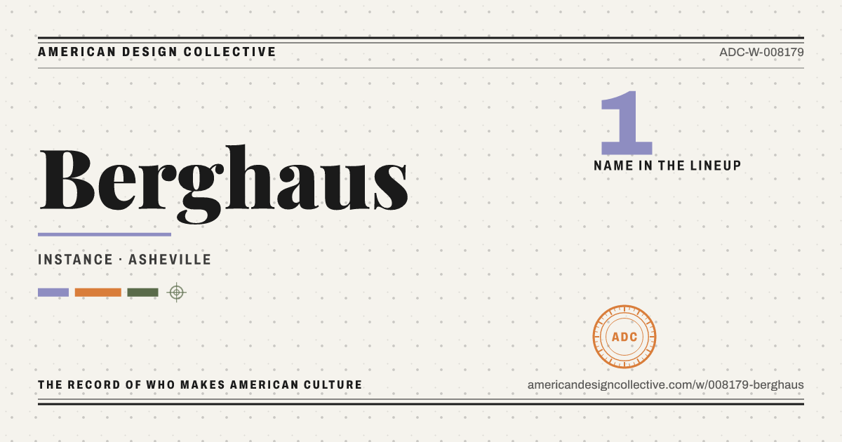 Registry card for Berghaus: the ADC seal, Berghaus, and how much is on record.