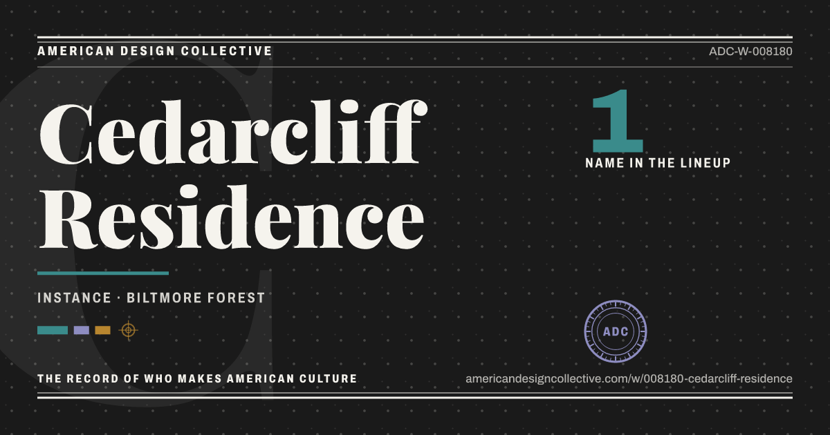 Registry card for Cedarcliff Residence: the ADC seal, Cedarcliff Residence, and how much is on record.