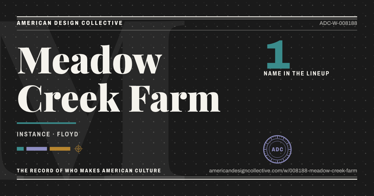Registry card for Meadow Creek Farm: the ADC seal, Meadow Creek Farm, and how much is on record.
