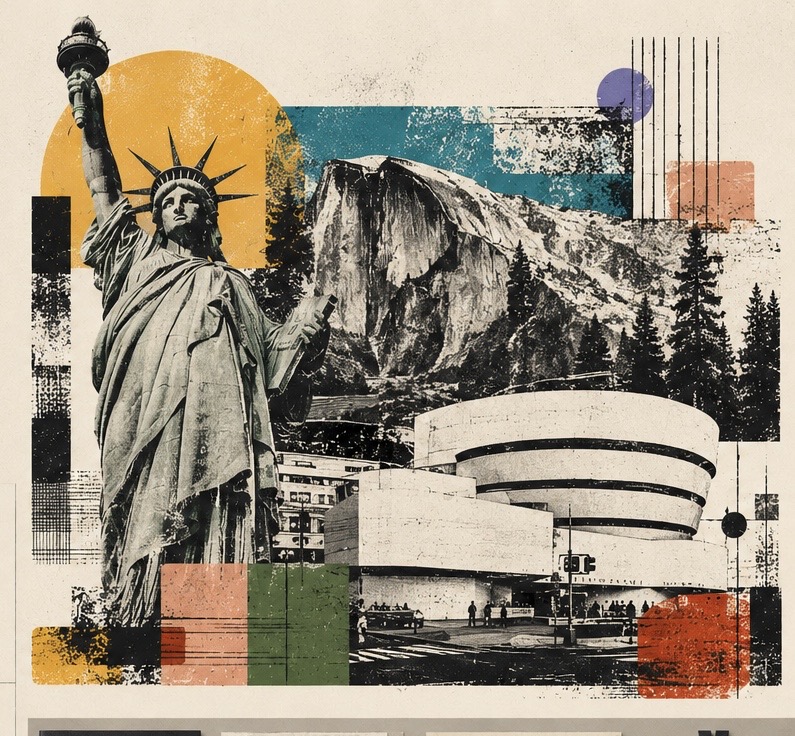 A collage of American landmarks of design and craft